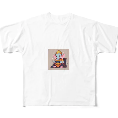 ビデオゲームで遊ぶかわいいガネーシャ フルグラフィックTシャツ