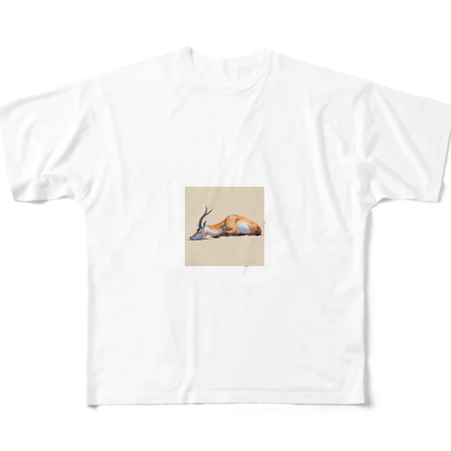 眠っているガゼルのピクセル化された絵 フルグラフィックTシャツ