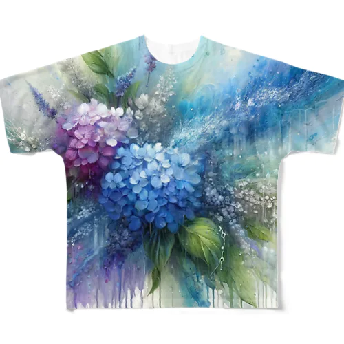 紫陽花と雨【水彩画風シリーズ】 All-Over Print T-Shirt