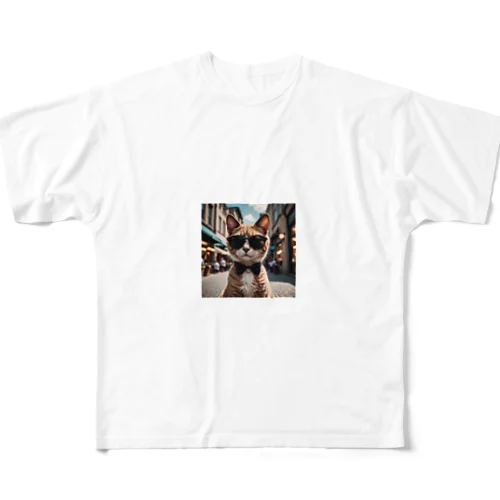 サングラスを掛けているモデルマンチカン猫 フルグラフィックTシャツ