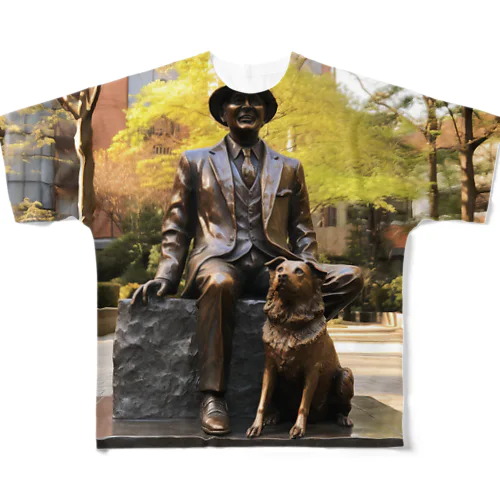 人と犬の銅像　なでしこ1478 All-Over Print T-Shirt