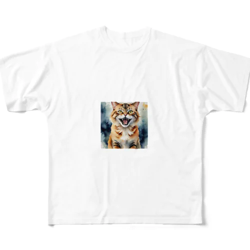怒った猫の表情が鮮やかに描かれた水彩画 All-Over Print T-Shirt