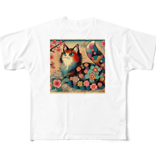 浮世絵風　カラフル猫「Ukiyo-e-style Colorful Cat」「浮世绘风格的多彩猫」 フルグラフィックTシャツ