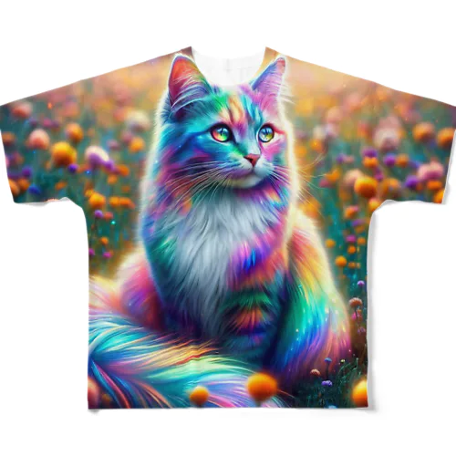 虹色に輝く優雅な猫 フルグラフィックTシャツ