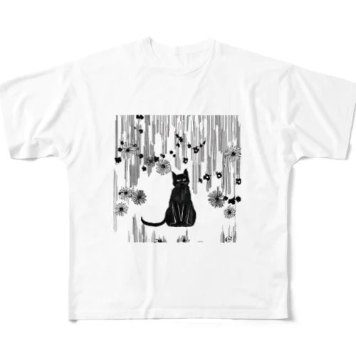 黒猫　大正ロマン　モノクロ　絵画 All-Over Print T-Shirt