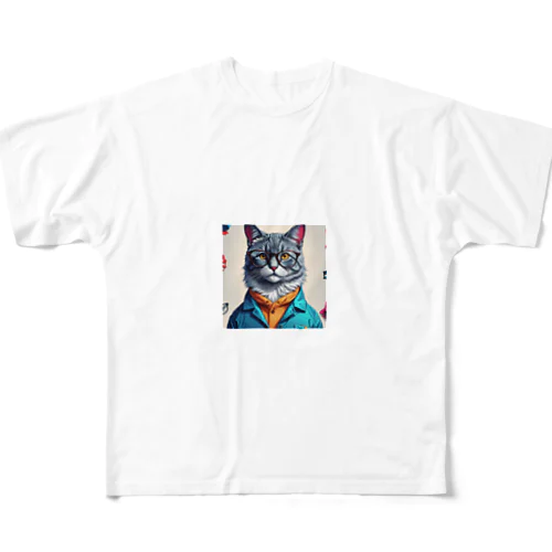 眼鏡をかけたオシャレな猫 フルグラフィックTシャツ