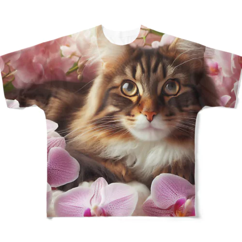 猫と胡蝶蘭 All-Over Print T-Shirt