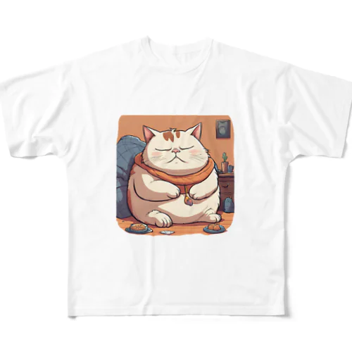 寝ぼけているぽっちゃり猫 フルグラフィックTシャツ