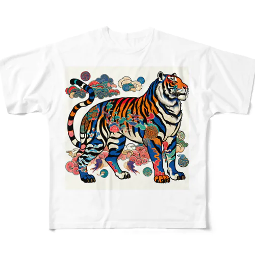 浮世絵風　虎（威風堂々）"Ukiyo-e Style: Majestic Tiger" "浮世绘风格：威风凛凛的虎" フルグラフィックTシャツ