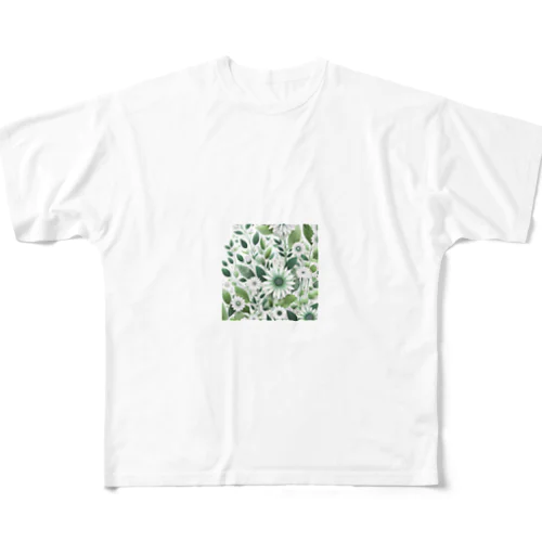 数学的で洗練されたデザインの白と緑の花 All-Over Print T-Shirt