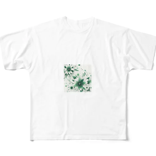 数学的なデザインを持つ緑と白の花 フルグラフィックTシャツ