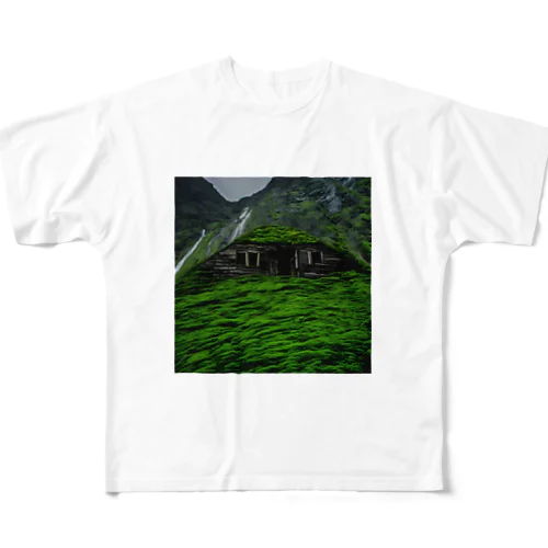 苔に覆われた小屋 フルグラフィックTシャツ