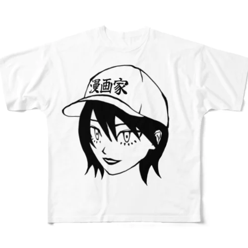 ツリ目下まつ毛漫画家キャップ黒髪ショート乙女 All-Over Print T-Shirt