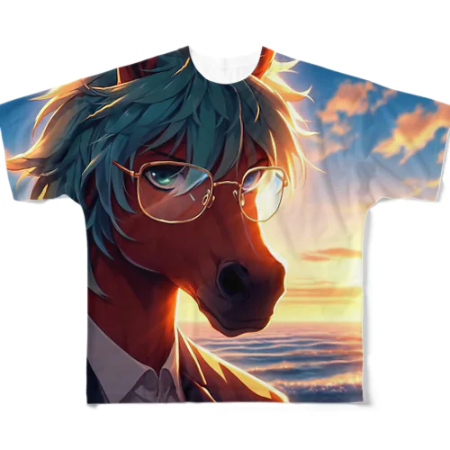 弁護士の馬、夕焼けの浜辺で自撮りする All-Over Print T-Shirt