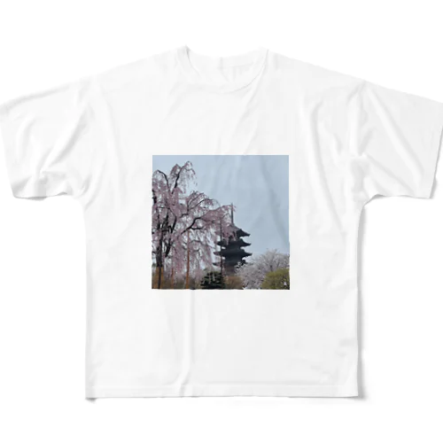 枝垂れ桜と五重塔 フルグラフィックTシャツ