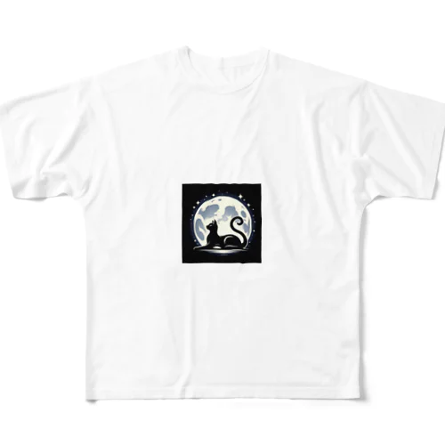 【Cat's Moonlight Stretch】- 月夜の猫シルエット フルグラフィックTシャツ