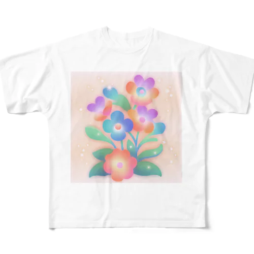 優しく咲いた雨上がりの虹色のお花たち フルグラフィックTシャツ