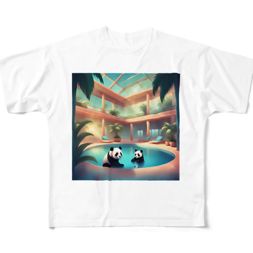 室内プールで遊ぶパンダ フルグラフィックTシャツ