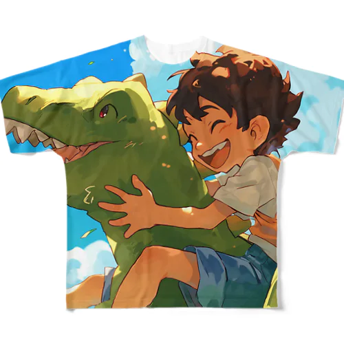 恐竜と少年が楽しく遊ぶ友情　なでしこ1478 All-Over Print T-Shirt