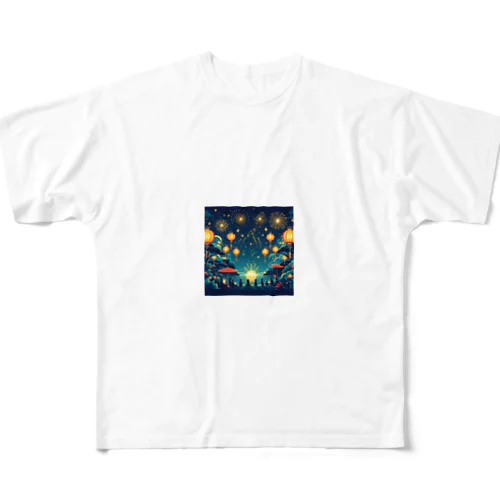 夏祭り、提灯が灯る下で花火をみている All-Over Print T-Shirt