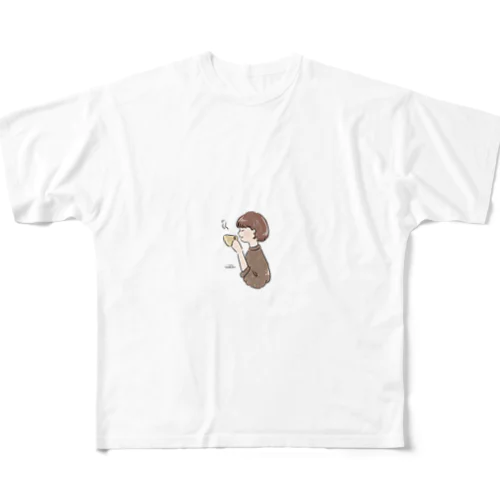 ほっとひと息つく女の子　カフェ　ブラウン All-Over Print T-Shirt