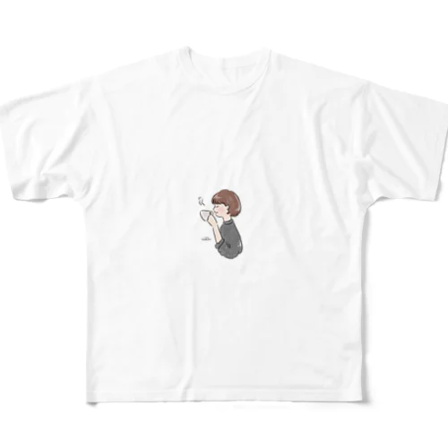 ほっとひと息つく女の子　グレー All-Over Print T-Shirt