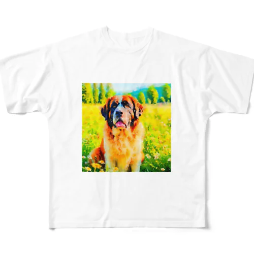 水彩画の犬 花畑のセントバーナードのイラスト All-Over Print T-Shirt