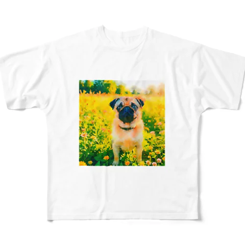 水彩画の犬 花畑のパグのイラスト フルグラフィックTシャツ