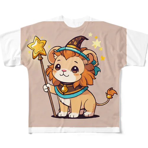 魔法の杖を持ったかわいいライオン フルグラフィックTシャツ