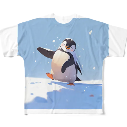 雪の中で遊ぶかわいいペンギン フルグラフィックTシャツ