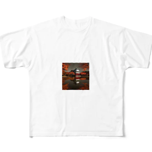 池に映る日本の歴史的建造物と紅葉 All-Over Print T-Shirt