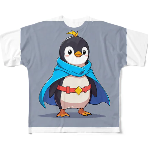 スーパーヒーローのマントを着たかわいいペンギン フルグラフィックTシャツ