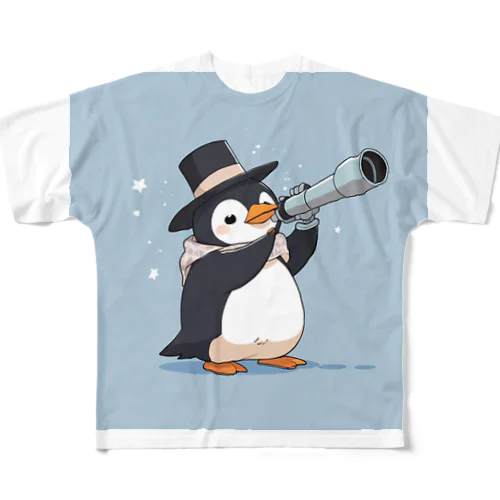 おもちゃの望遠鏡でかわいいペンギンに会おう フルグラフィックTシャツ