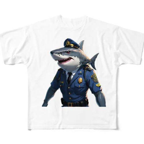 海の守護者：クールな警察鮫 フルグラフィックTシャツ