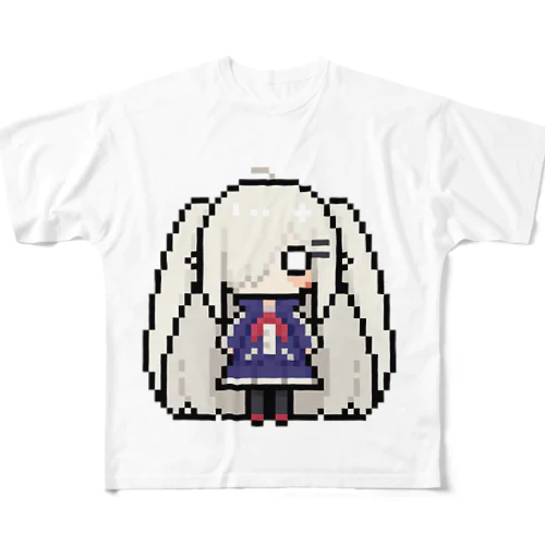 ドット絵の白髪ロング美少女 フルグラフィックTシャツ