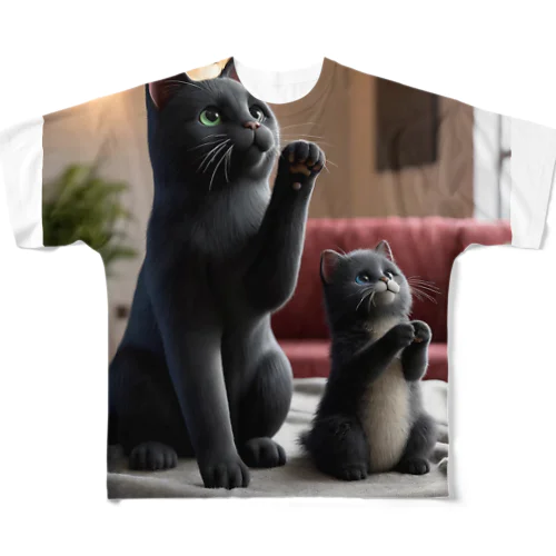 黒猫親子、お願い フルグラフィックTシャツ