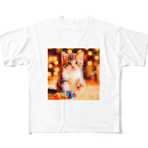 猫の水彩画/キジシロねこのイラスト/おもちゃで遊ぶキジ白ネコ フルグラフィックTシャツ