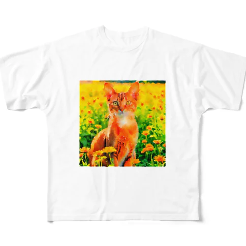 猫の水彩画/花畑のアビシニアンねこのイラスト/茶トラネコ All-Over Print T-Shirt