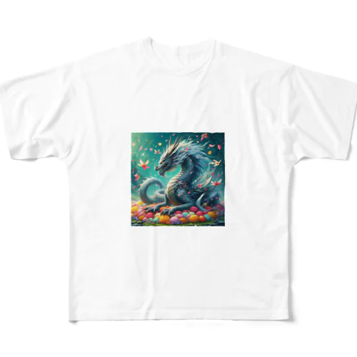 鮮やかの花々とドラゴン フルグラフィックTシャツ