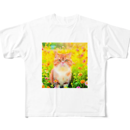 猫の水彩画/花畑のエキゾチックショートヘアねこのイラスト/茶トラネコ All-Over Print T-Shirt