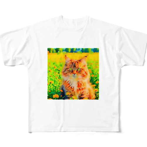 猫の水彩画/花畑のサイベリアンねこのイラスト/キジトラネコ フルグラフィックTシャツ