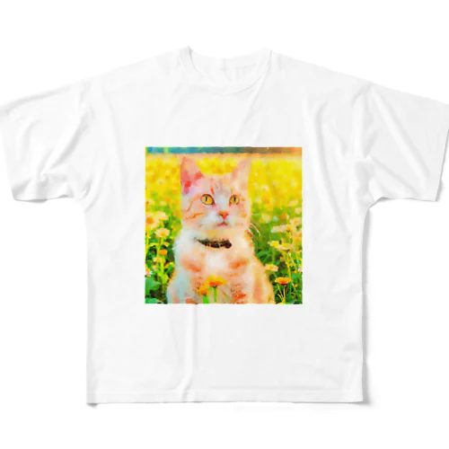 猫の水彩画/花畑のチャシロねこのイラスト/茶白ネコ フルグラフィックTシャツ