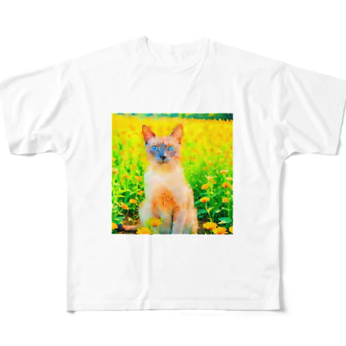 猫の水彩画/花畑のトンキニーズねこのイラスト/ポイントネコ フルグラフィックTシャツ