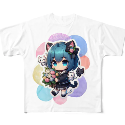 猫耳少女と猫たち フルグラフィックTシャツ