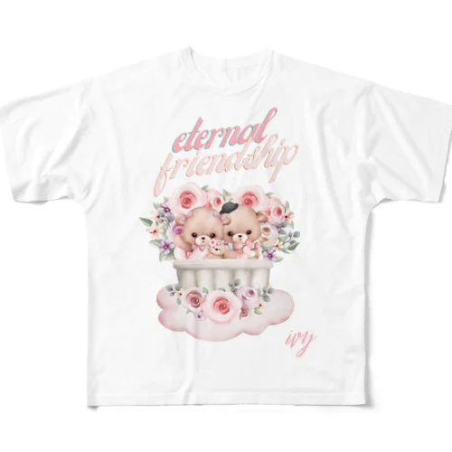 かわいいくまちゃんとお花 フルグラフィックTシャツ