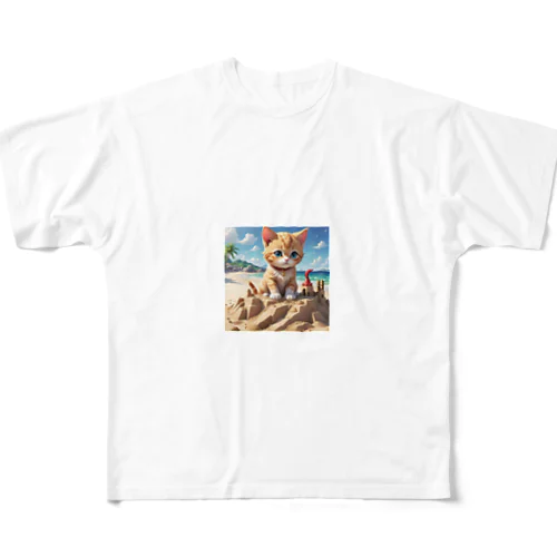 砂の城で遊ぶ猫 All-Over Print T-Shirt