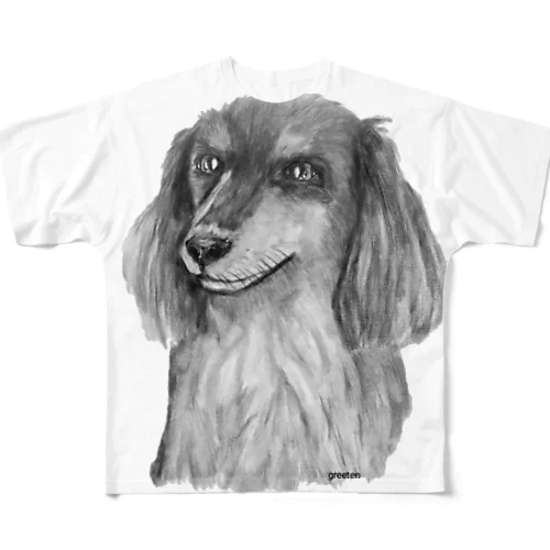 ダックス　アート犬モノクロ　ブラックタン フルグラフィックTシャツ