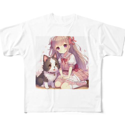 可愛い犬とじゃれ合う女の子 フルグラフィックTシャツ