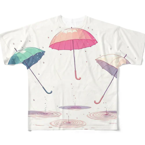 雨で踊る傘 フルグラフィックTシャツ
