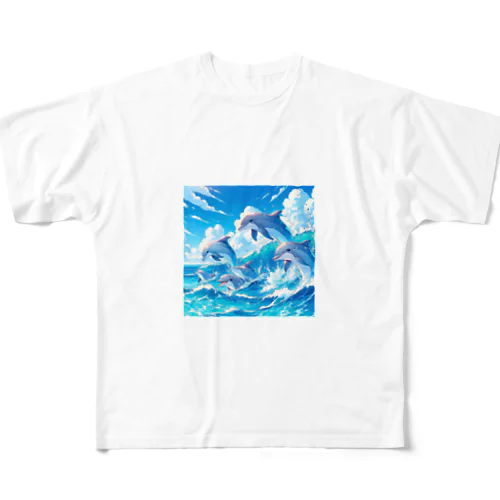 海で遊ぶイルカたちの楽しい風景 All-Over Print T-Shirt